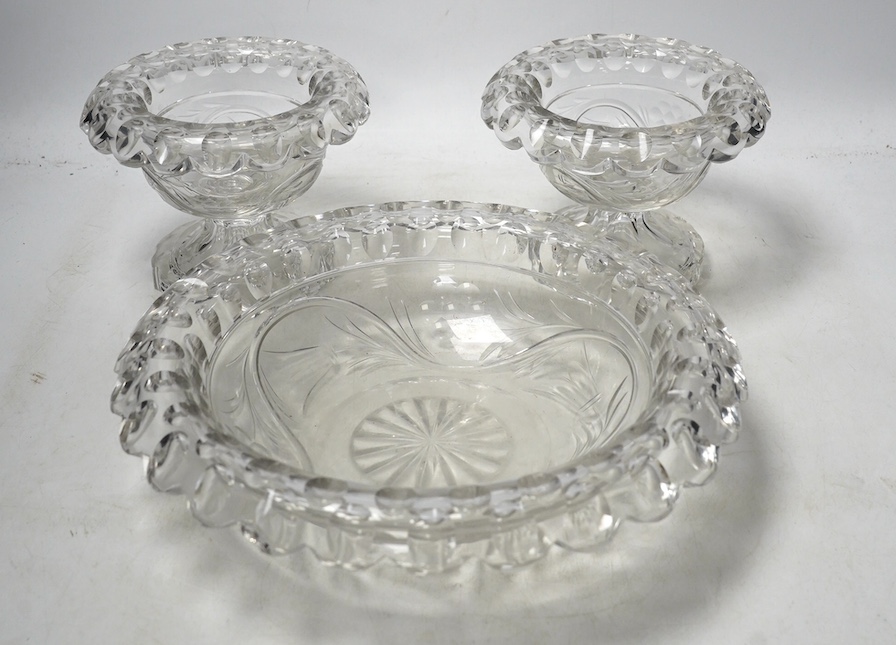 Three Victorian heavy cut glass bowls, largest 28cm. Condition - fair to good